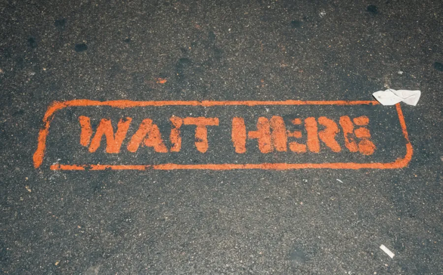 Photo of street stenciled with 'wait here'